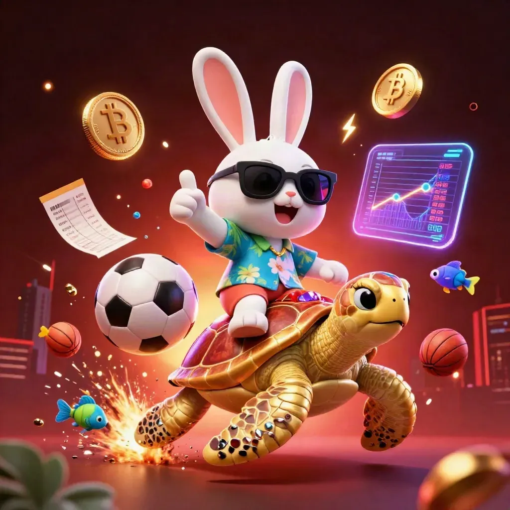 Rabbit on golden sea turtle amid sports balls, crypto coins and neon casino effects