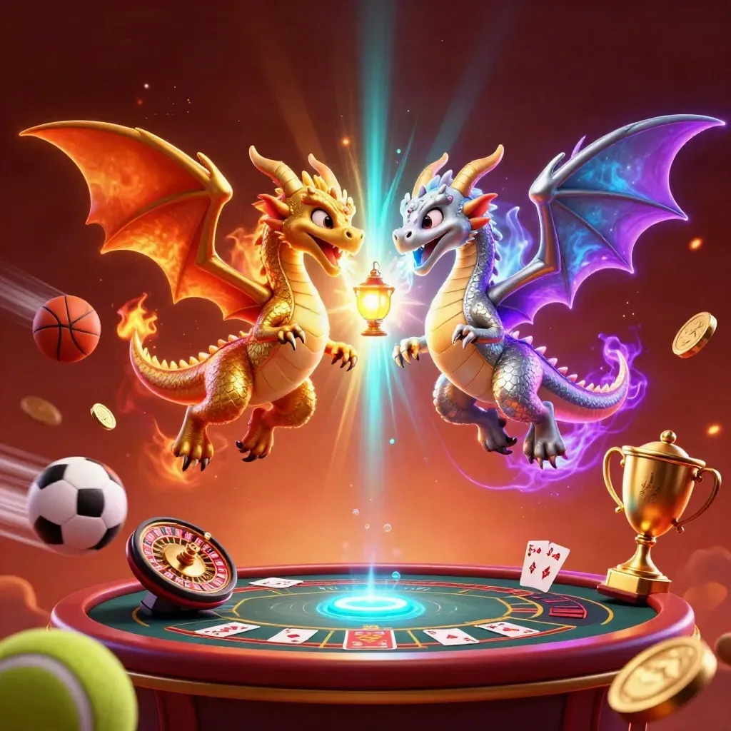 Gold and silver dragons in a neon casino battle with balls, coins, trophy, and glowing game props.