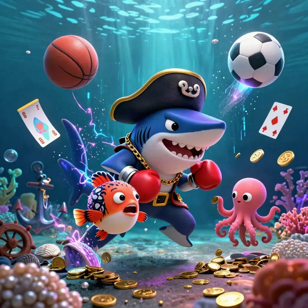 Underwater pirate shark, boxing pufferfish, and coin-juggling octopus amid glowing balls and loot.