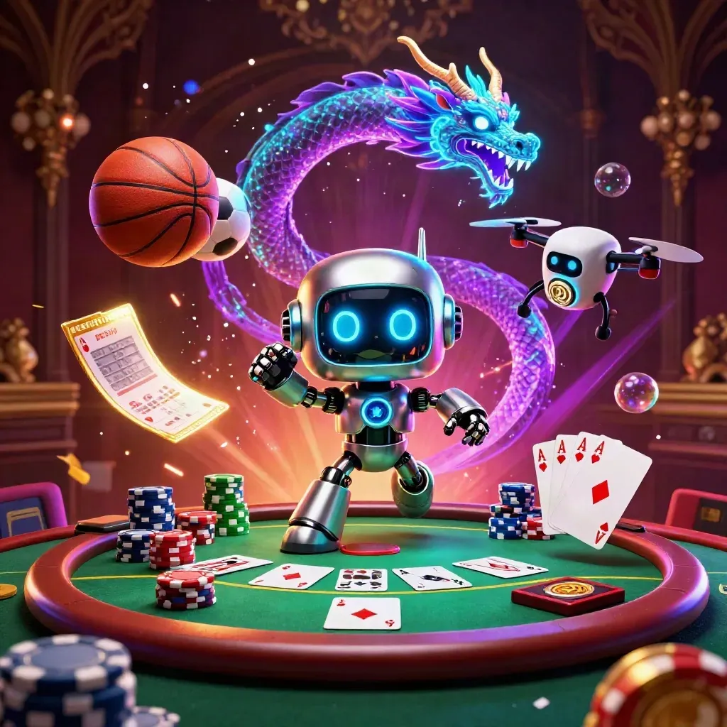 Cyberpunk robot, holographic dragon and drone amid flying sports balls and casino chips