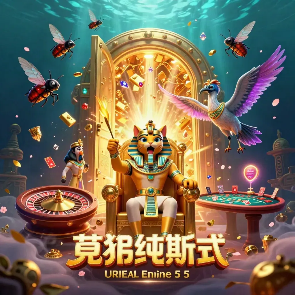 Pharaoh cat and ibis on a glowing vault throne with gold, runes, and casino lights.