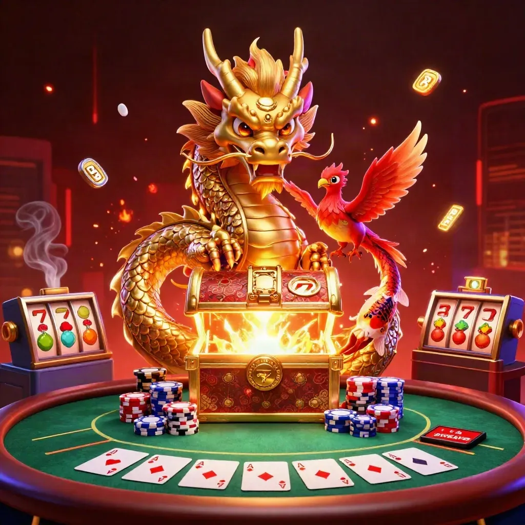 Golden dragon and phoenix over a glowing casino treasure chest with chips, cards, and neon effects