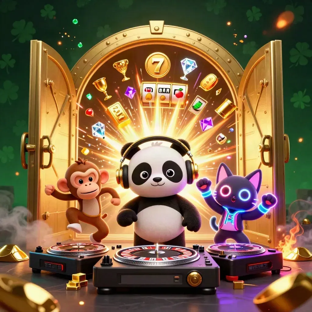 DJ panda, monkey, and glow-stick kitten burst from a golden vault with gems and neon sparks