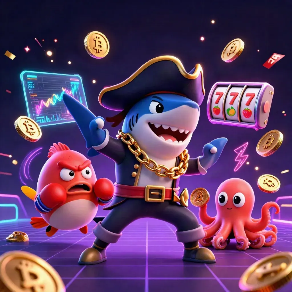 Pirate shark, pufferfish, and octopus in neon casino chaos with coins, reels, lightning, and glitch effects.