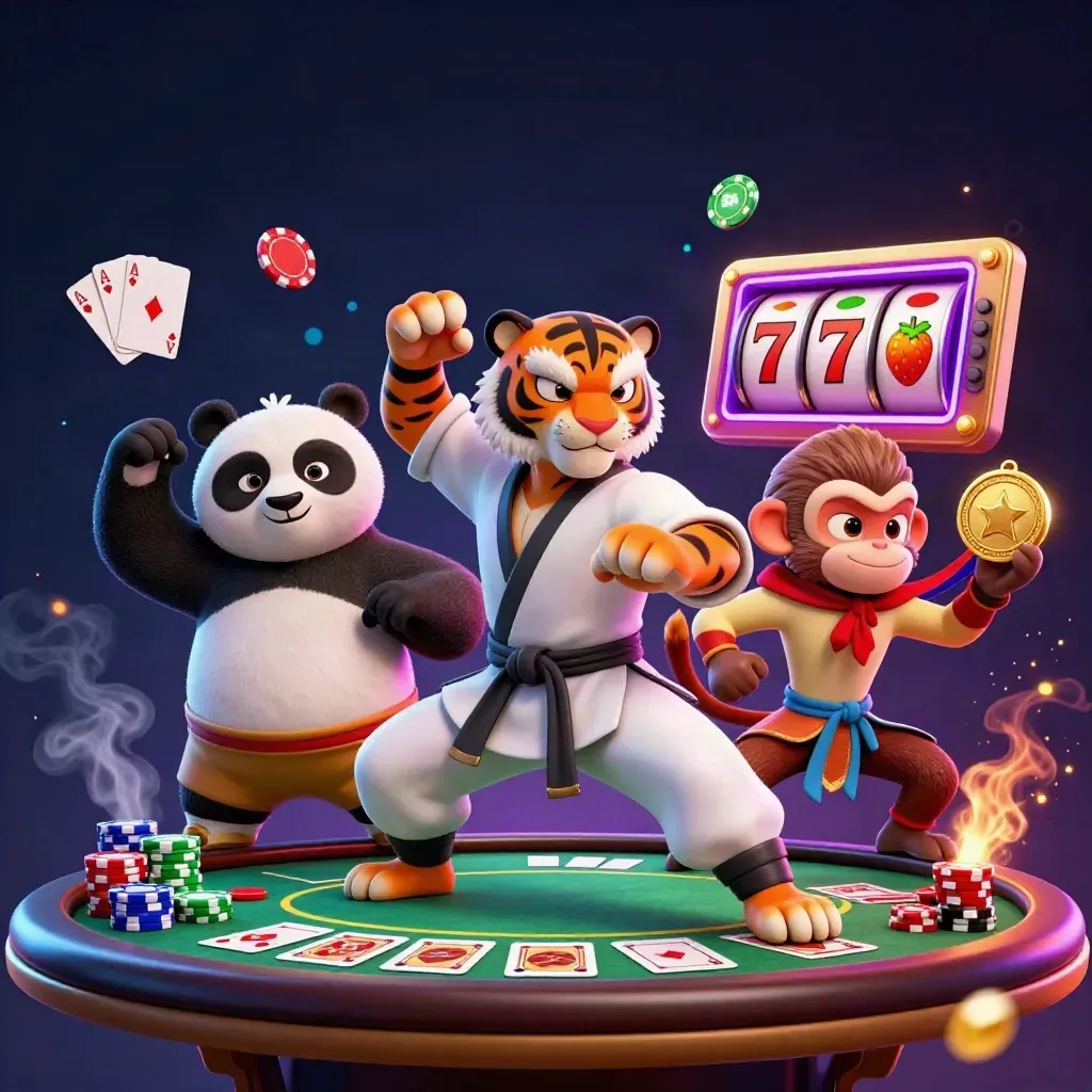Kung-fu tiger, panda, and monkey amid casino chips, cards, reels, and glowing effects.